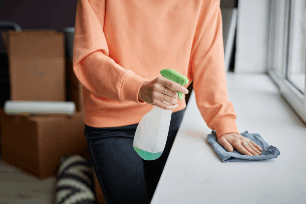 Person spraying cleaner and wiping a countertop with cloth, delivering thorough deep cleaning with attention to detail.